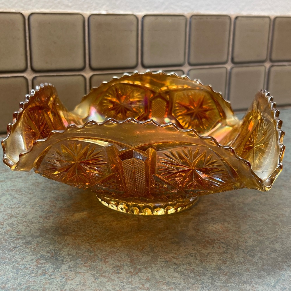 Vintage Imperial Glass Marigold Carnival‎ Glass Star & File Square Bowl